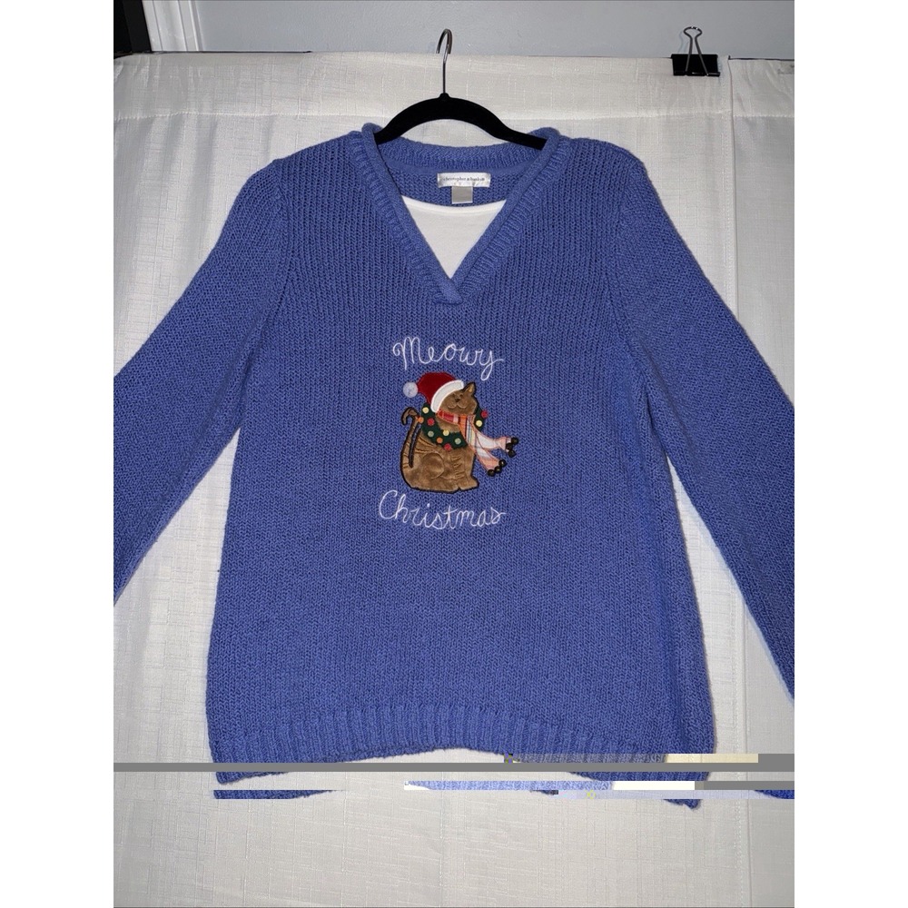 Vtg Ugly Christmas Sweater Santa Cat Meowy Christmas Purple Bells Appliqué